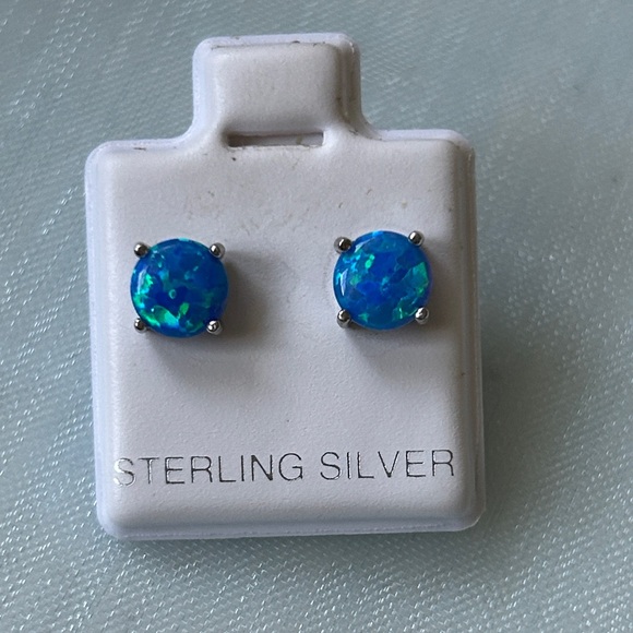 Sterling Silver Blue Fire Opal  Earrings - Picture 1 of 4